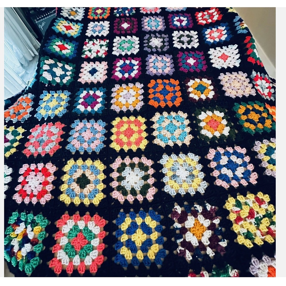 Vintage Handmade Granny Square Crochet Blanket Throw Large King Size 120" - Picture 8 of 8